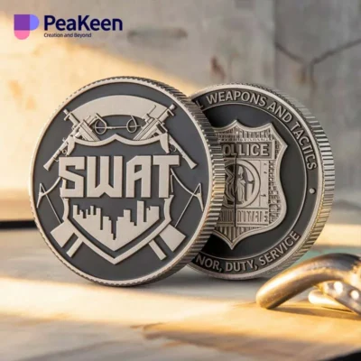 SWAT police badge coin featuring intricate design, symbolizing teamwork and dedication in law enforcement challenges.