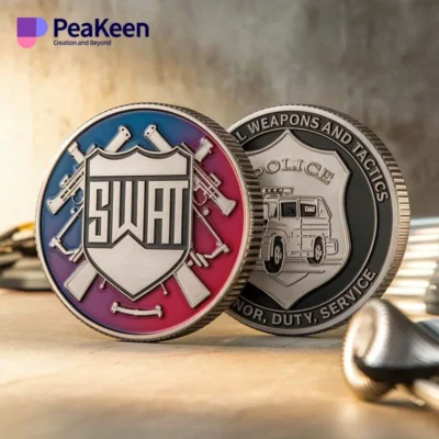 SWAT-themed challenge coin from the swamp police department, representing commitment and unity in public safety efforts.