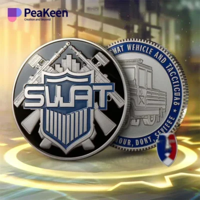 SWAT challenge coin showcasing the emblem and intricate details symbolizing tactical law enforcement achievements.