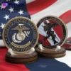 US Marine Corps emblem on a plaque, featuring an American flag and USMC challenge coins displayed prominently.