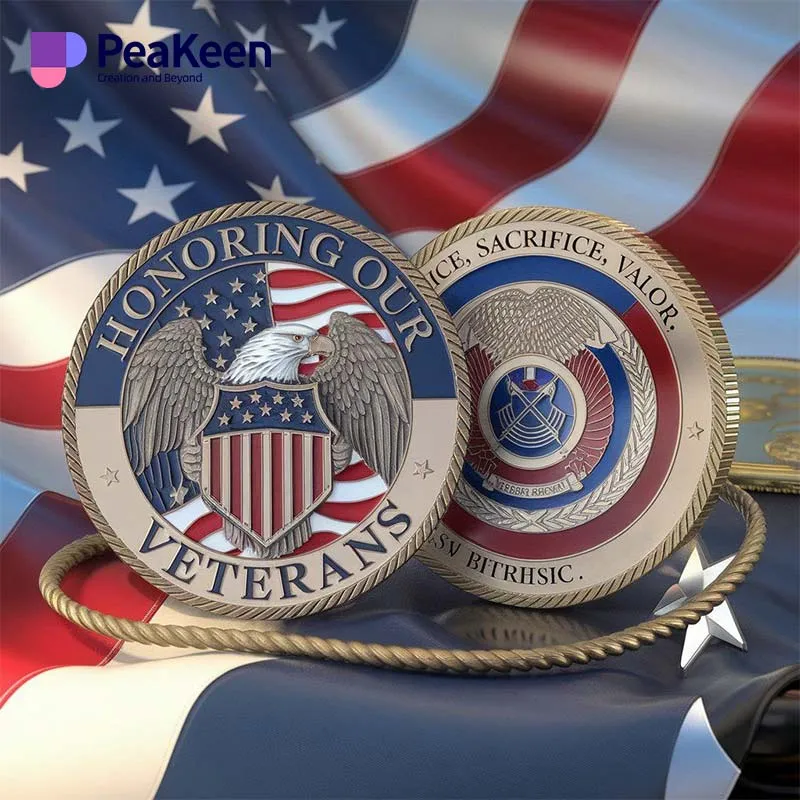 Two metal challenge coins featuring the phrase "Welcome to Our Veterans" prominently displayed on their surfaces.