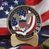 A 3D metal coin honoring veterans, symbolizing their service and sacrifice, designed as a challenge coin.