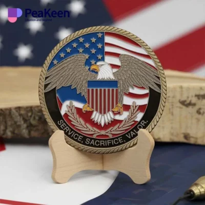 A veterans challenge coin featuring the US flag and an eagle, symbolizing honor and patriotism.