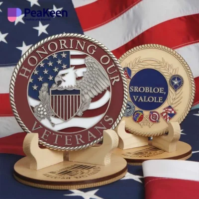 A veterans challenge coin featuring the US flag and an eagle, symbolizing honor and patriotism.