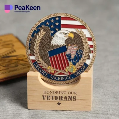 Custom engraved metal coin featuring a design inspired by metal veterans challenge coins.