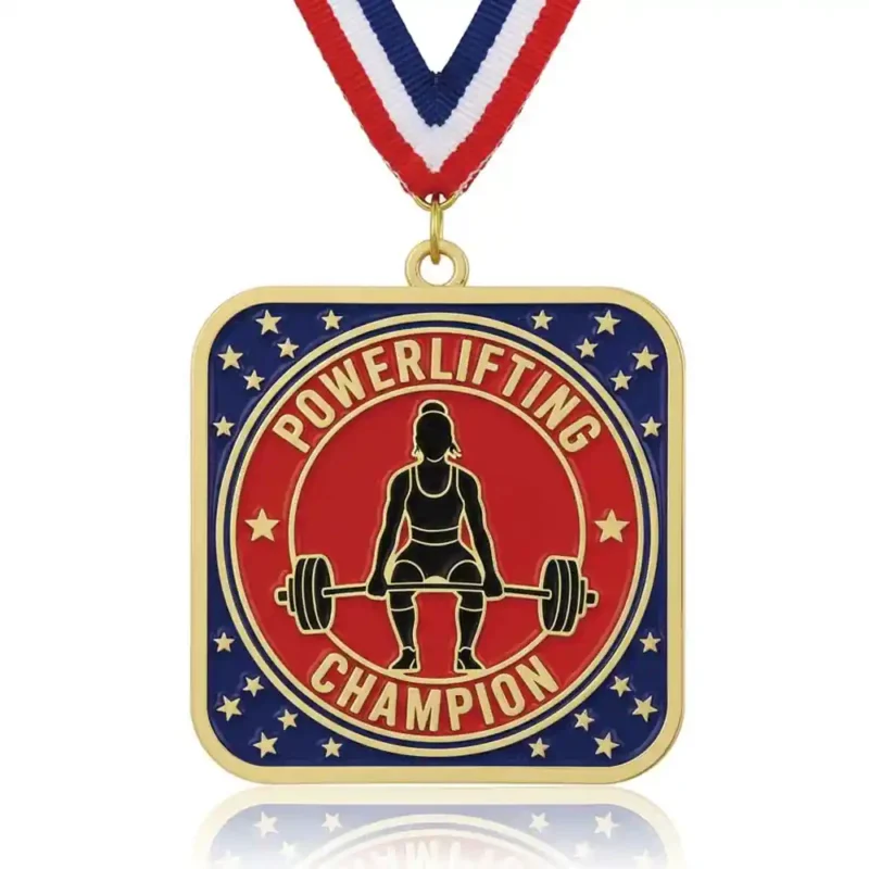 Custom powerlifting champion medal featuring female lifter silhouette design, square medal with ribbon for strength competitions