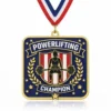 Custom powerlifting champion medal with square shield design, barbell lifter artwork, gold plated soft enamel medal with ribbon