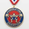Custom powerlifting champion medal featuring squat barbell athlete design, gold plated soft enamel medal with ribbon