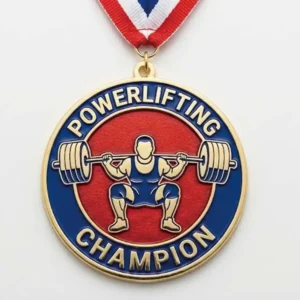 Custom powerlifting champion medal featuring squat barbell athlete design, gold plated soft enamel medal with ribbon