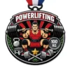 Custom powerlifting medal featuring male lifter squatting with barbell, 100kg weight design for strength competition awards