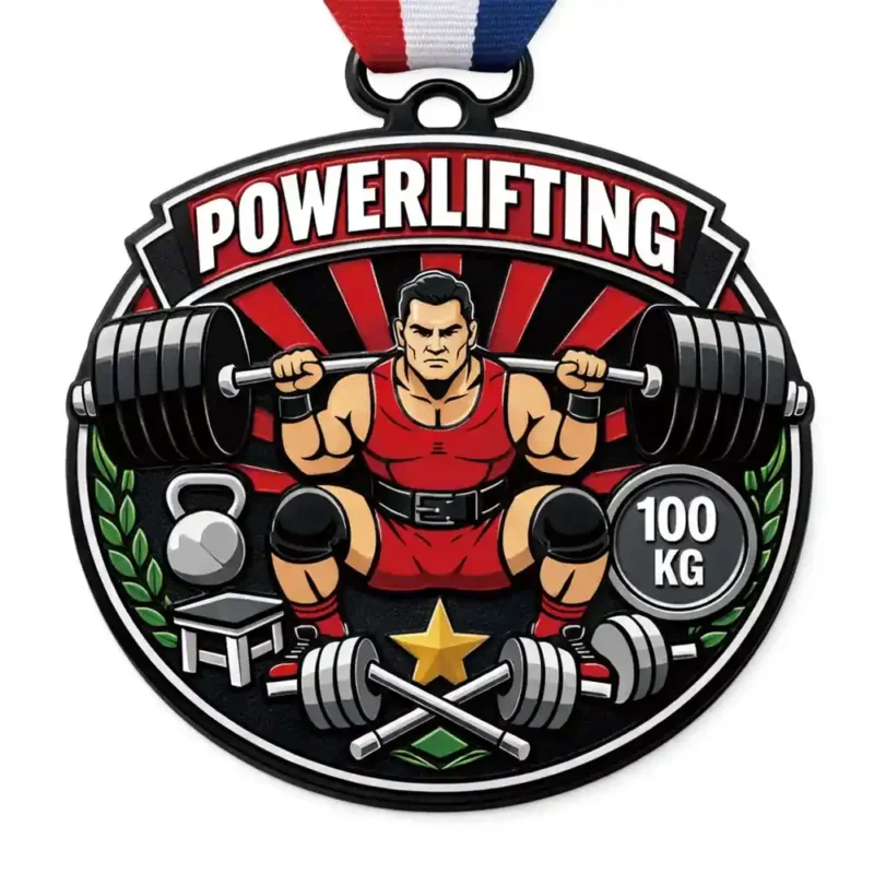 Custom powerlifting medal featuring male lifter squatting with barbell, 100kg weight design for strength competition awards