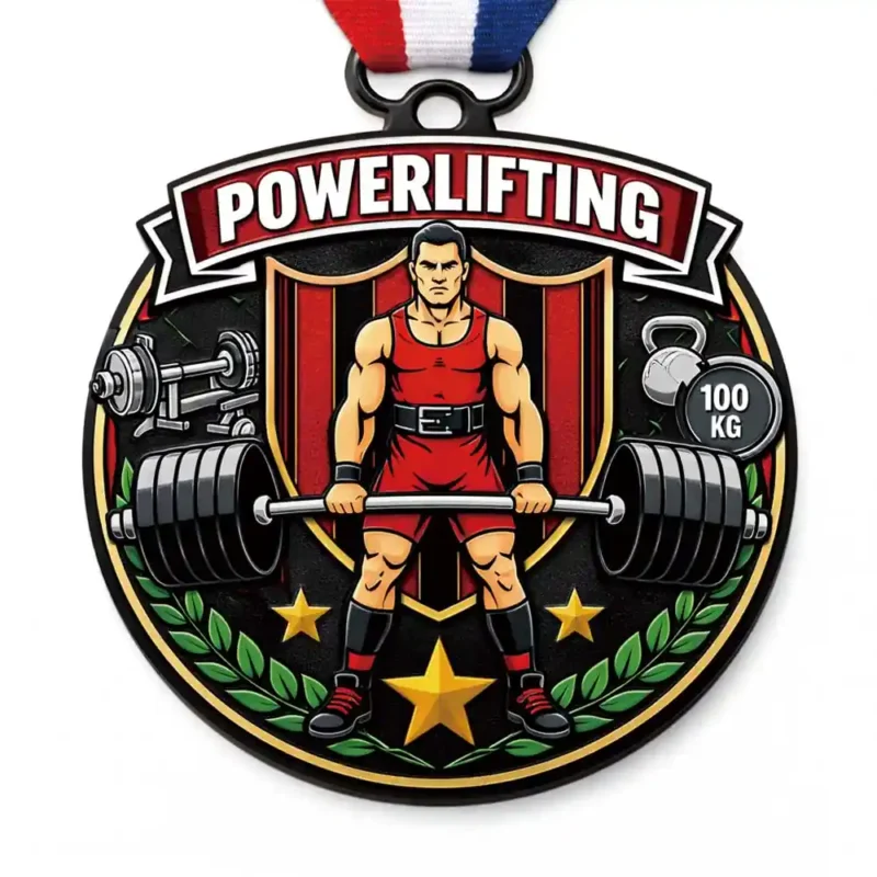 Custom powerlifting medal featuring strongman lifter design, 100kg weightlifting champion medal with ribbon for strength competitions