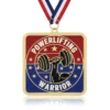Custom powerlifting medal with barbell weightlifting design, gold plated soft enamel medal with ribbon