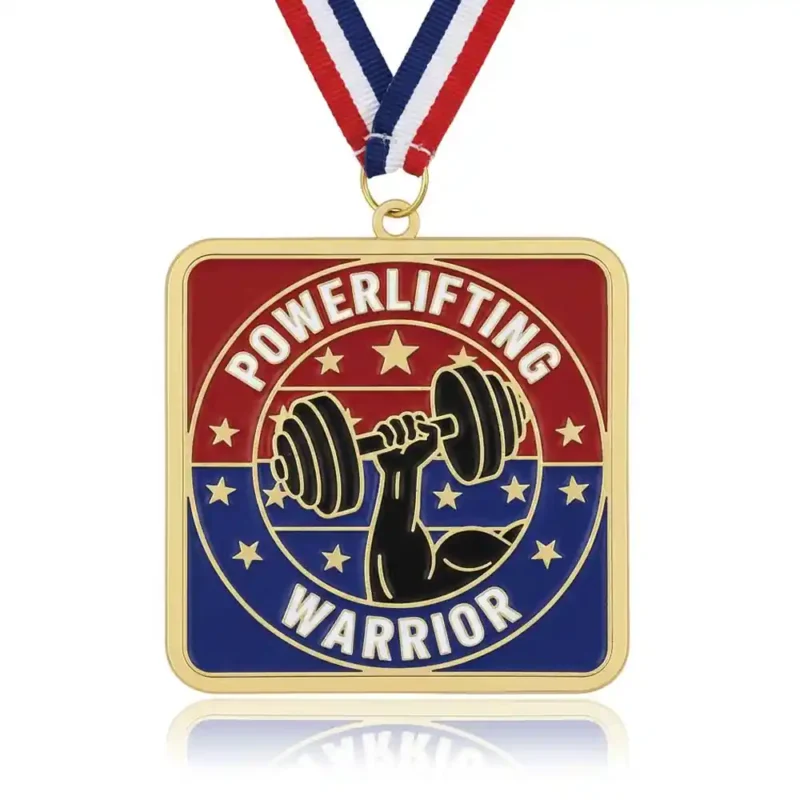 Custom powerlifting medal with barbell weightlifting design, gold plated soft enamel medal with ribbon