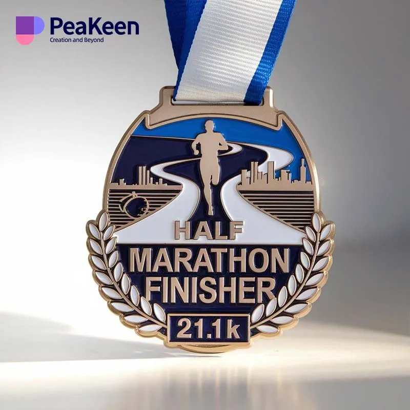 Medal featuring the inscription "Half Marathon Finisher," symbolizing achievement in a half marathon event.