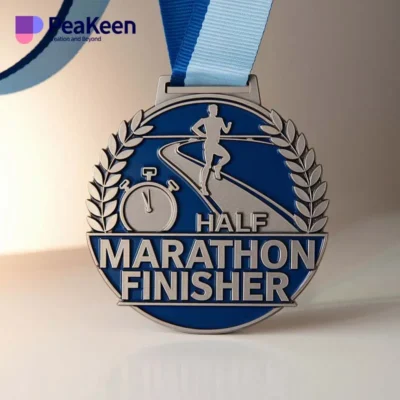 Customized half marathon medal featuring unique design elements and vibrant colors, celebrating athletic achievement.