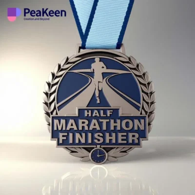 Medal featuring the inscription "Half Marathon Finisher," symbolizing achievement in a half marathon event.