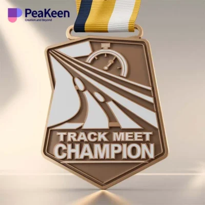 A close-up of a track meet champion medal, showcasing its intricate design and recognition of athletic excellence.