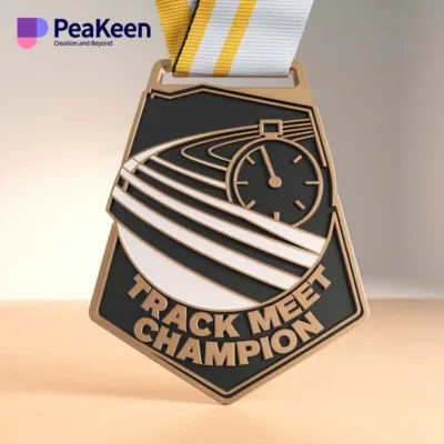 Medal featuring the inscription "Track Meet Champion," symbolizing athletic achievement in track events.