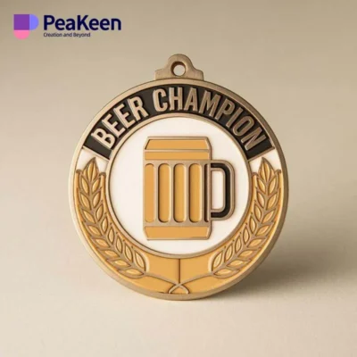 A gold medal featuring the words "Beer Champion," celebrating excellence in beer brewing competitions.