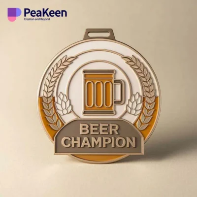 A gold beer medal featuring the inscription "Beer Champion," symbolizing excellence in brewing competitions.