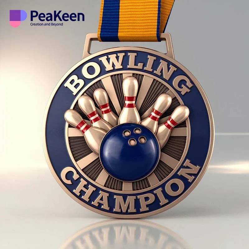 des médailles décoratives représentant des quilles et une boule de bowling, représentant l'excellence dans les événements de bowling.