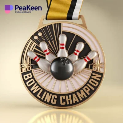 A medal featuring bowling pins, symbolizing achievement in bowling competitions.