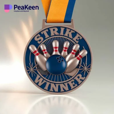 A gold medal featuring bowling pins and a striking ball, symbolizing achievement in bowling competitions.