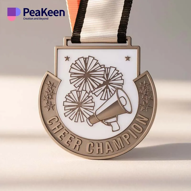 Customized cheerleading medals featuring vibrant colors and unique design, celebrating athletic achievement and teamwork.