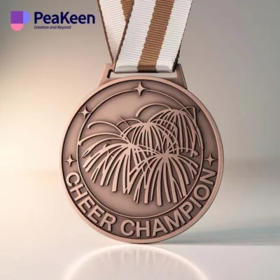 A medal featuring the words "Cheer Champion," symbolizing achievement in cheerleading competitions.