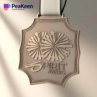 A cheerleading medal featuring the words "Spirit Award" prominently displayed on its surface.