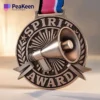 Cheerleading medals displayed alongside the Peakeen Spirit Award, celebrating teamwork and dedication in sports.
