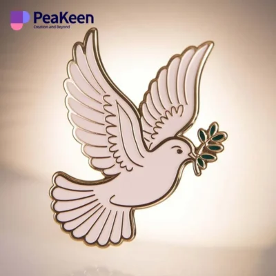 A white dove carrying an olive branch on its back, symbolizing peace, featured on a stylish dove pin.