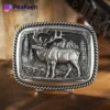 Elk belt buckle featuring a detailed design of a deer alongside a tree, showcasing nature-inspired craftsmanship.