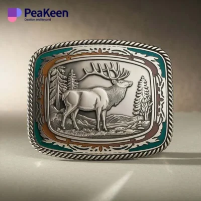 Elk and tree design on a decorative belt buckle, showcasing nature-inspired craftsmanship and style.