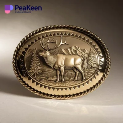 Gold-plated elk belt buckle featuring a detailed deer and mountain scene, showcasing nature's beauty in a stylish accessory.