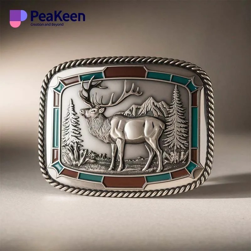 Elk belt buckles featuring a detailed deer design with vibrant turquoise inlay, showcasing craftsmanship and nature-inspired art.