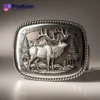Elk belt buckle featuring a detailed deer design, showcasing craftsmanship and nature-inspired artistry.