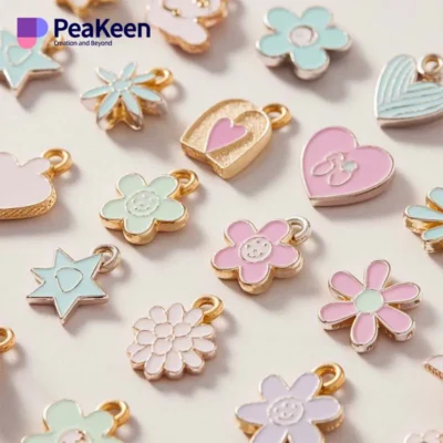 A collection of colorful enamel peeken charms featuring various unique designs displayed together.