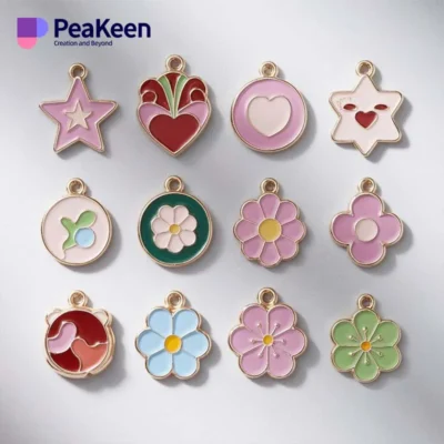 Colorful peeken enamel charms displayed on a white background, showcasing their intricate designs and vibrant hues.