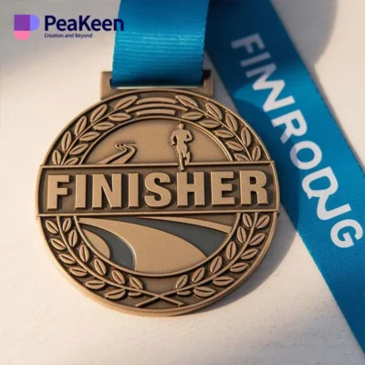 Finisher medal featuring a blue ribbon, symbolizing achievement and completion of a race or event.