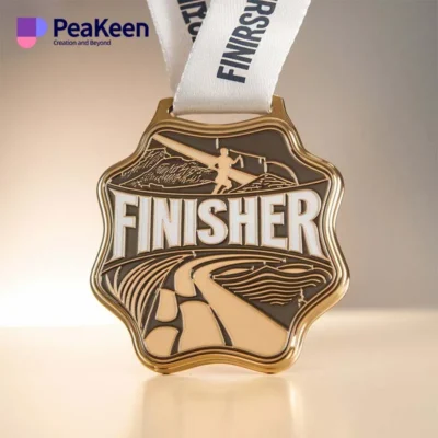 gold finisher medals featuring the word "Finisher" prominently displayed on its surface.