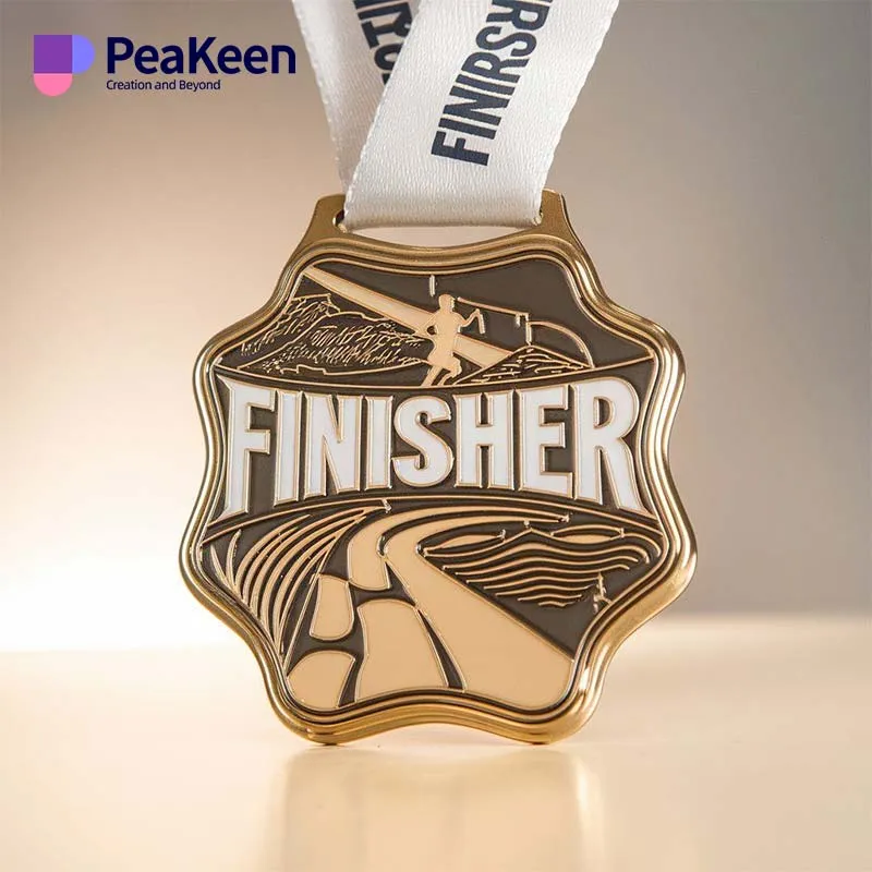 gold finisher medals featuring the word "Finisher" prominently displayed on its surface.