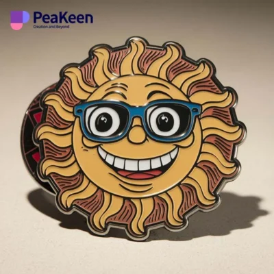 A playful pin featuring a smiling sun wearing sunglasses, perfect for adding humor to your collection of funny belt buckles.