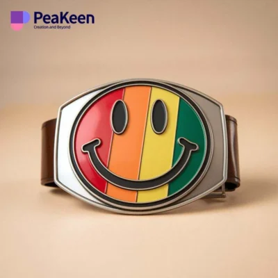 A humorous belt buckle featuring a cheerful smiley face, perfect for adding a playful touch to any outfit.