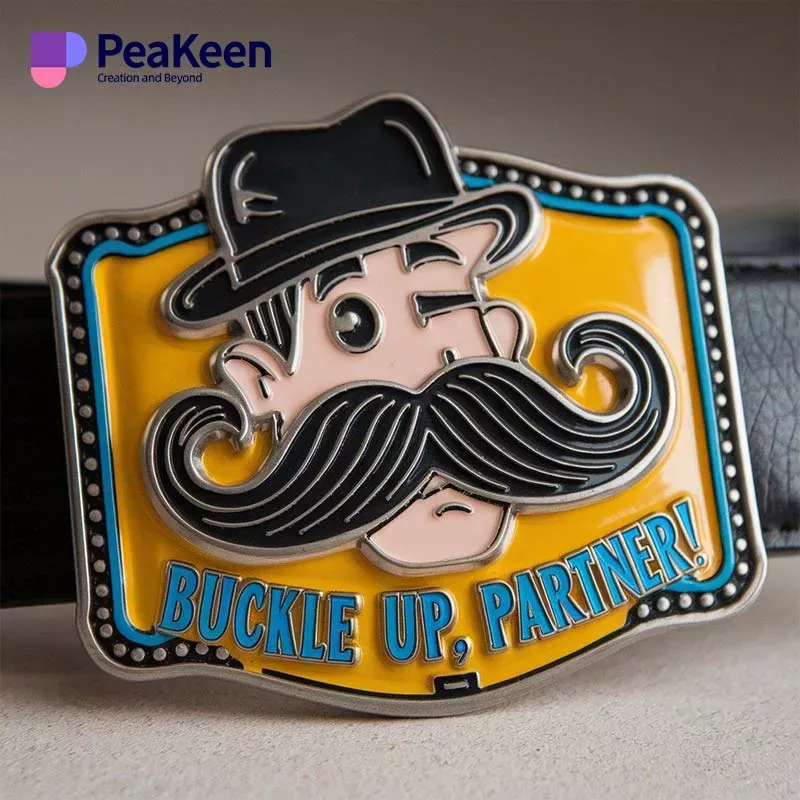 A humorous belt buckle featuring a mustache design, adding a playful touch to any outfit.