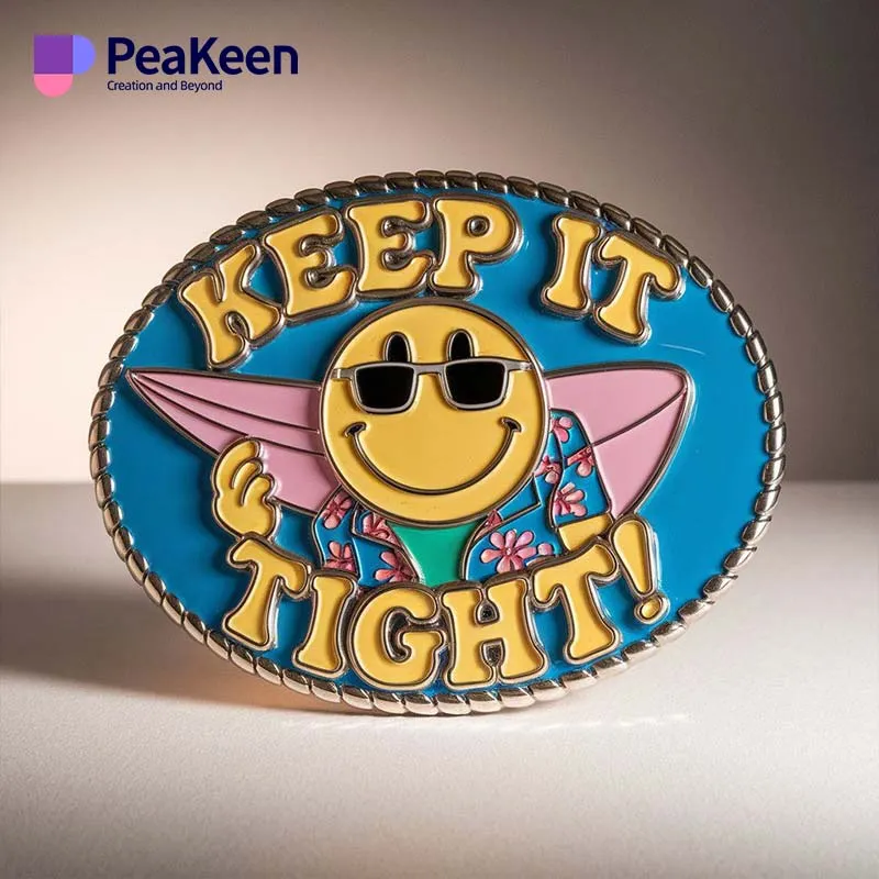 A humorous pin featuring a smiley face and the phrase "keep it tight," perfect for funny belt buckle enthusiasts.