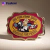 A humorous belt buckle featuring the repeated phrase "fire" in bold letters, showcasing a playful design.