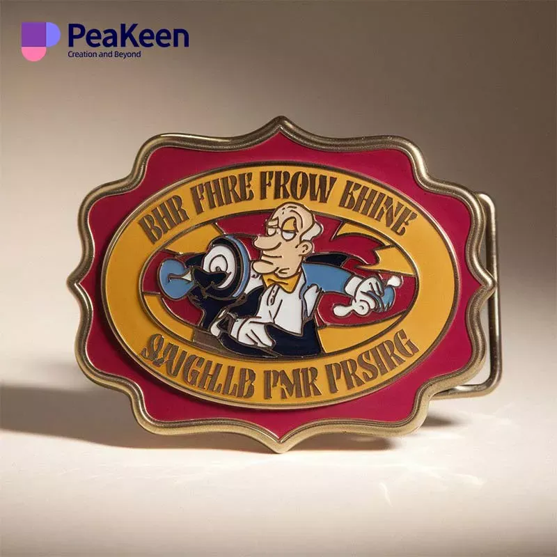 A humorous belt buckle featuring the repeated phrase "fire" in bold letters, showcasing a playful design.