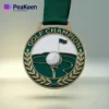 Custom golf medal featuring a green ribbon, showcasing a unique design for golf achievements and awards.